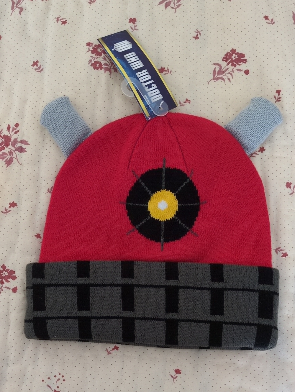 Bioworld Red Knit Character Beanie with Gray Cuff and Blue Ear Accents